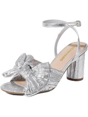 DREAM PAIRS Women's Silver Bow Knot Heels High Chunky Block Heels Open Toe Ankle